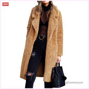 Women's Fuzzy Fleece Lapel Open Front Long Cardigan Coat Faux Fur Winter Jacket